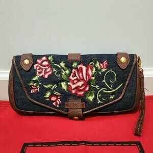 ISABELLA FIORE FLORAL EMBROIDERED BLUE JEAN CLUTCH